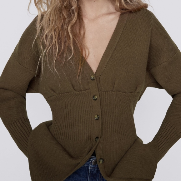 NWT ZARA | Ribbed Cardigan Dress Dark Khaki - Picture 9 of 14